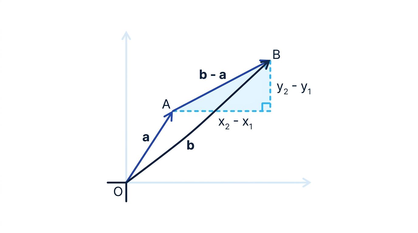 Vector diagram showing position vectors from O to A and B, with the displacement from A to B equal to b minus a