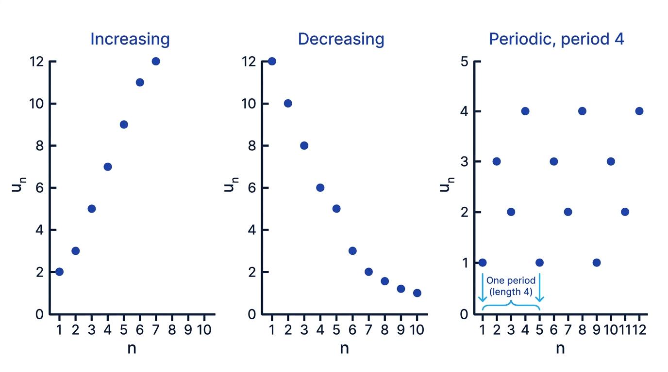 Three discrete sequence plots showing increasing, decreasing and periodic behaviour