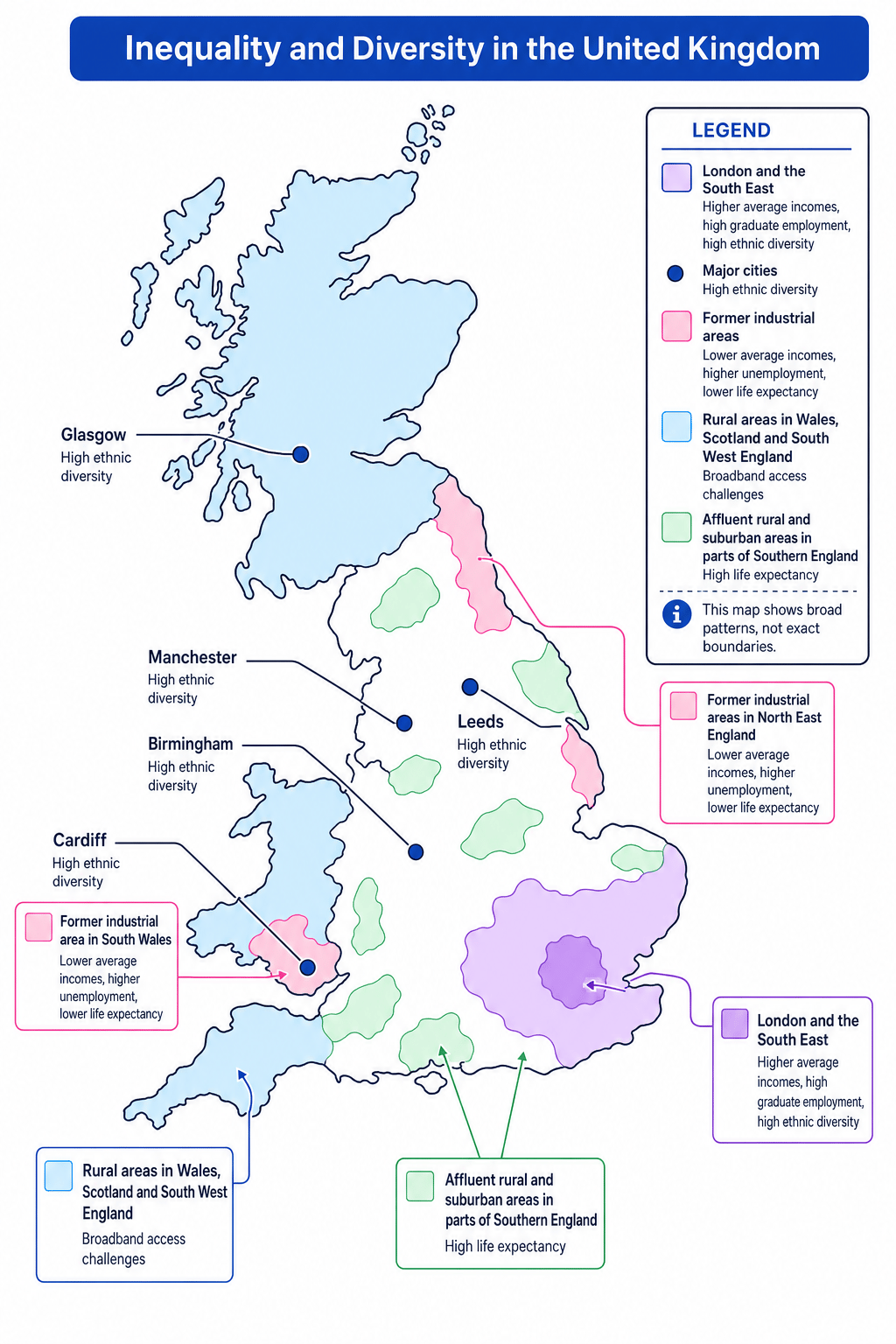 Schematic map showing broad UK patterns of inequality and diversity