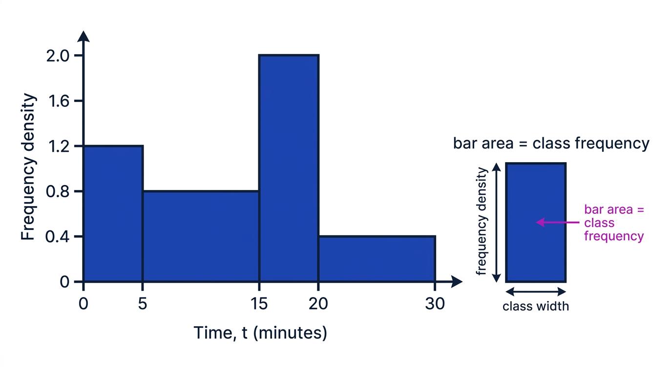 Histogram with unequal class widths, showing frequency density and that bar area equals class frequency
