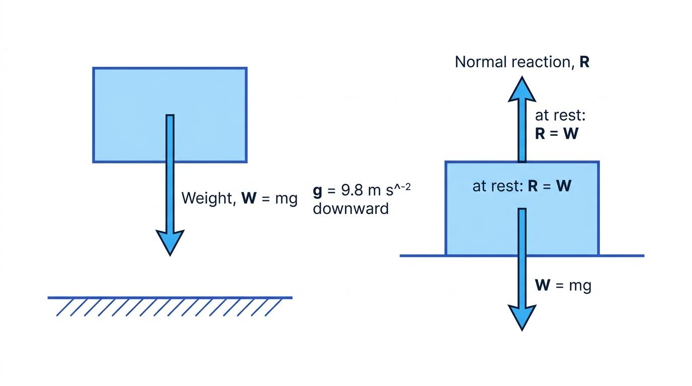 Force diagrams showing weight acting vertically downwards and a normal reaction balancing weight on a horizontal surface