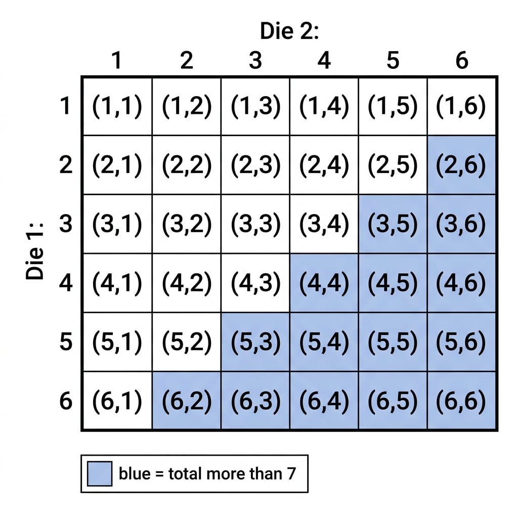 A 6 by 6 grid of ordered pairs for two dice, with outcomes whose sum is greater than 7 highlighted