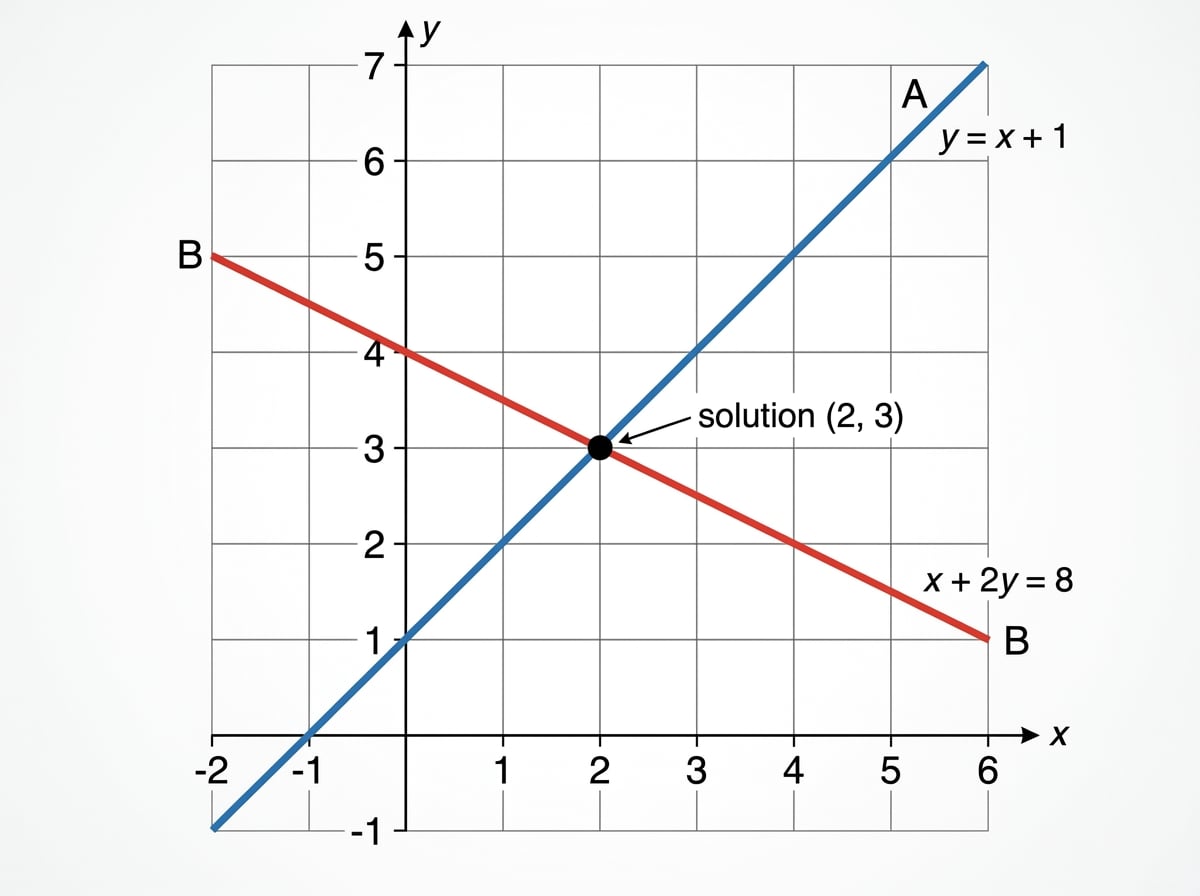 Two straight-line graphs crossing at the solution point (2, 3)