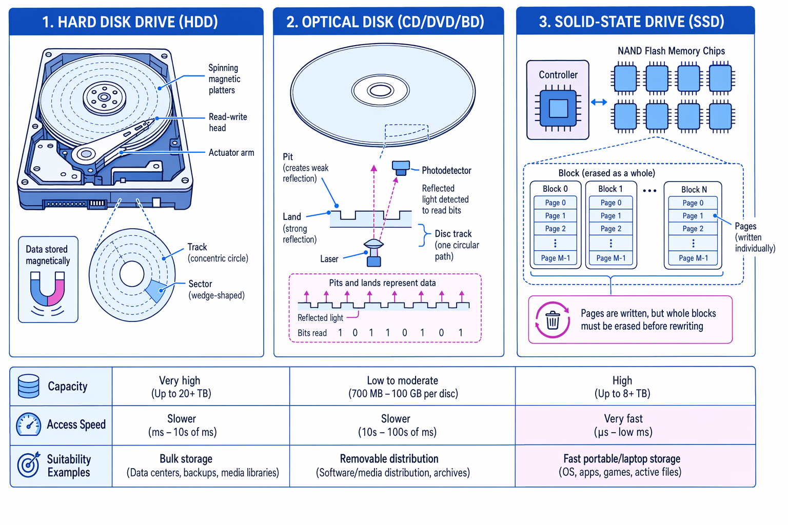 Labelled comparison of hard disk, optical disk and solid-state disk operation