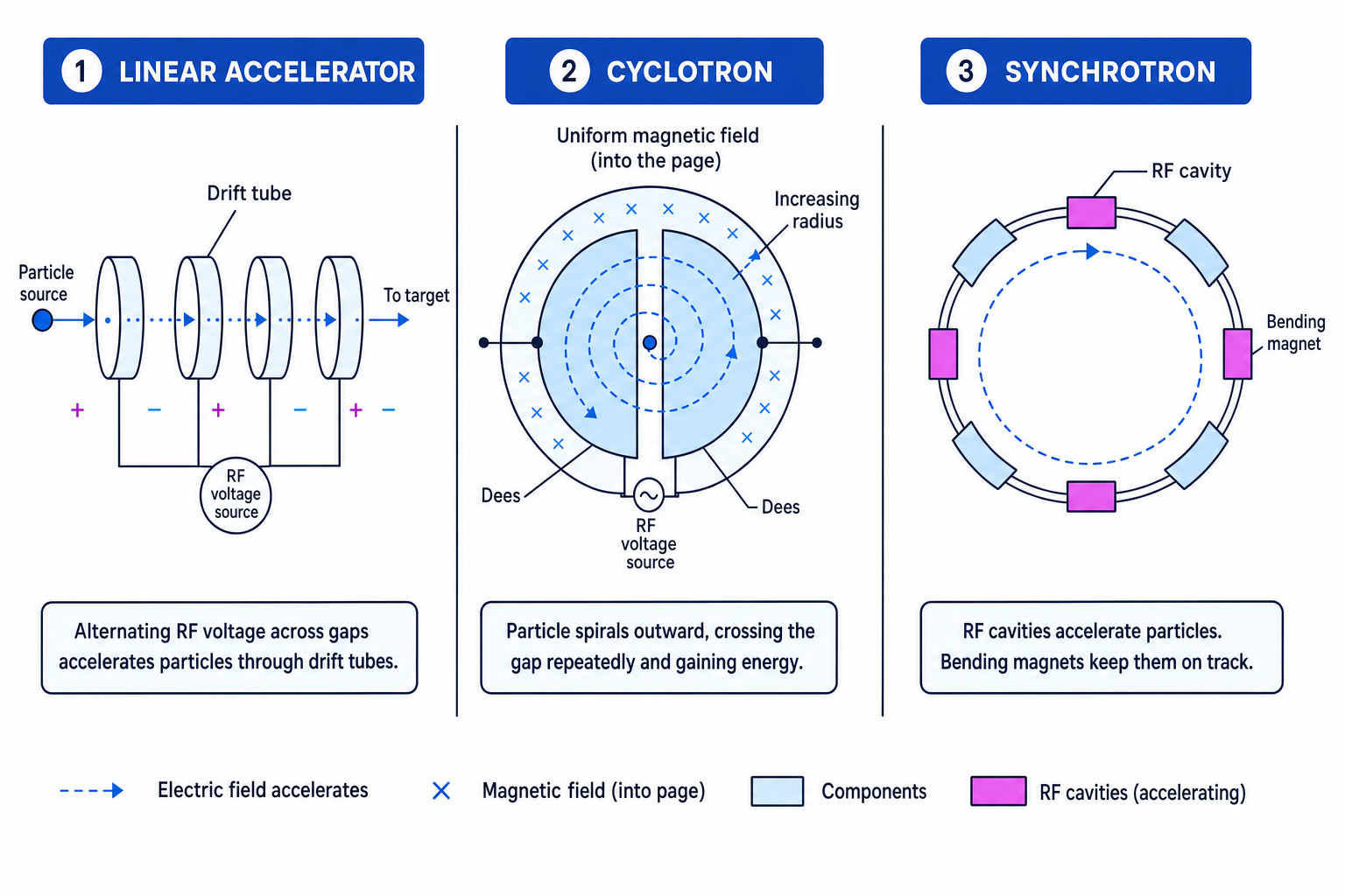 Labelled comparison of a linear accelerator, cyclotron and synchrotron