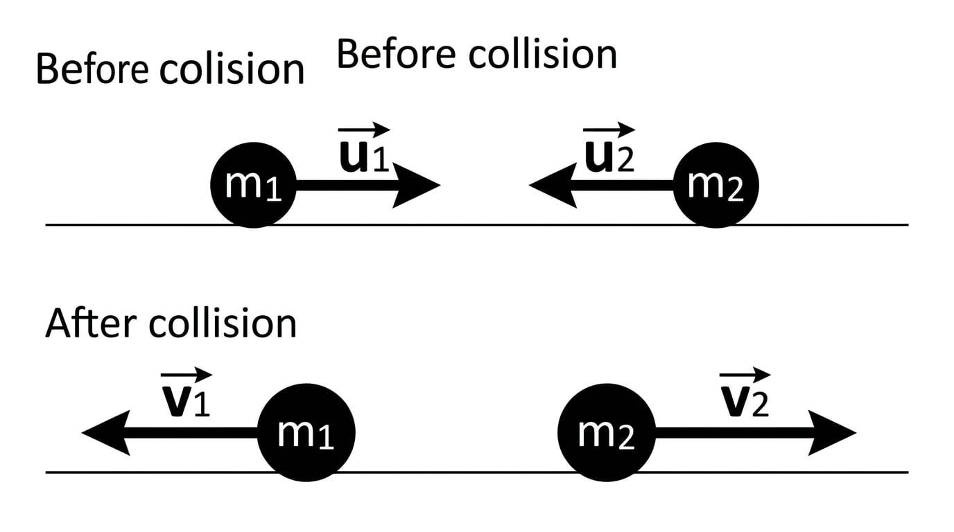 1D collision diagram showing masses before and after
