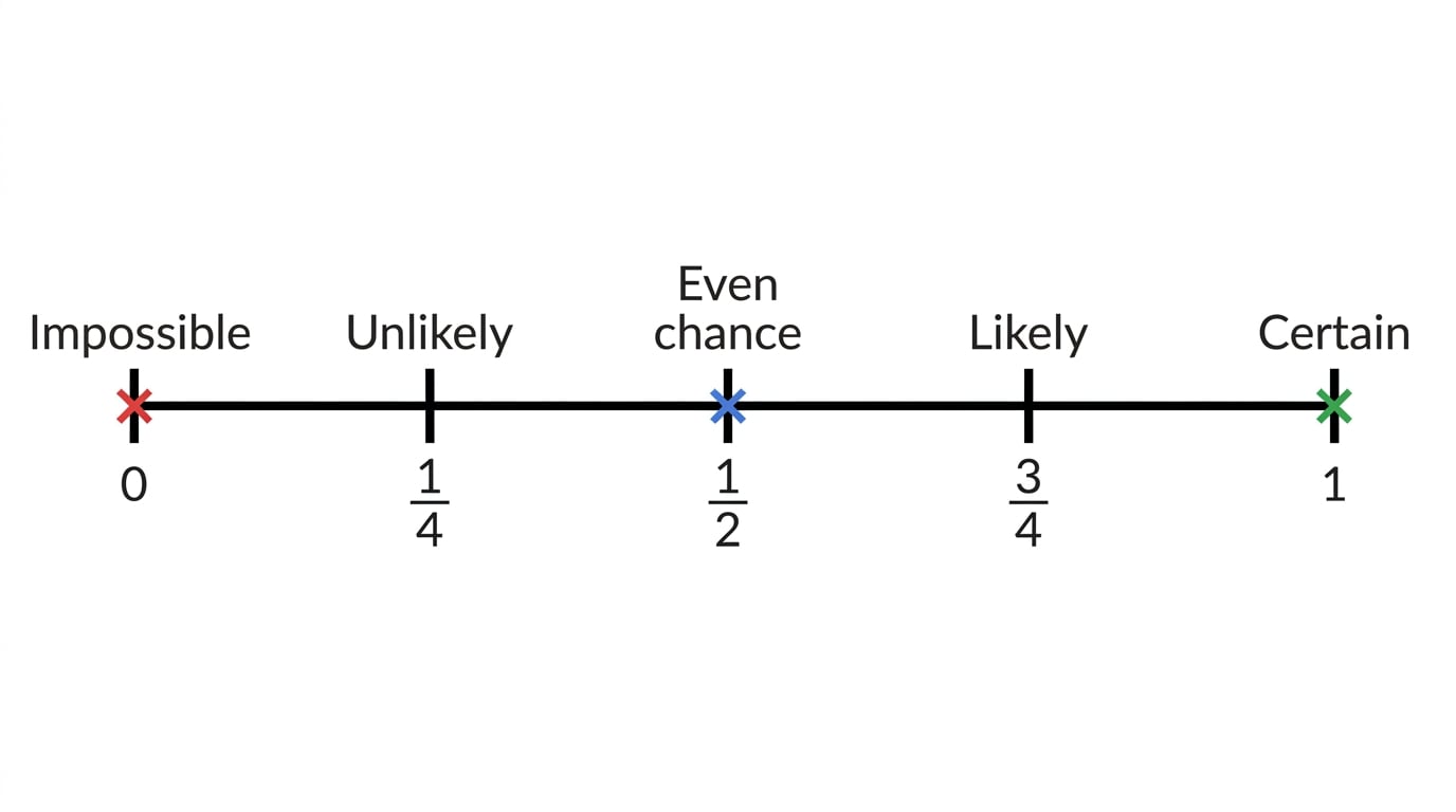 Probability scale from 0 to 1 showing impossible, unlikely, even chance, likely and certain