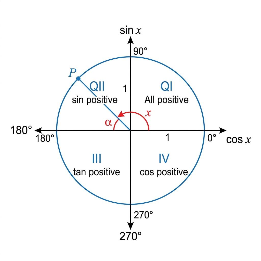 Unit circle showing CAST signs and reference angle