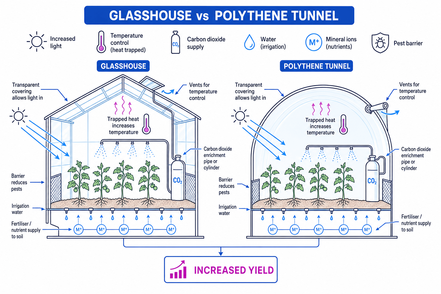 Labelled glasshouse and polythene tunnel showing light, trapped heat, carbon dioxide, irrigation, fertiliser and pest protection increasing yield