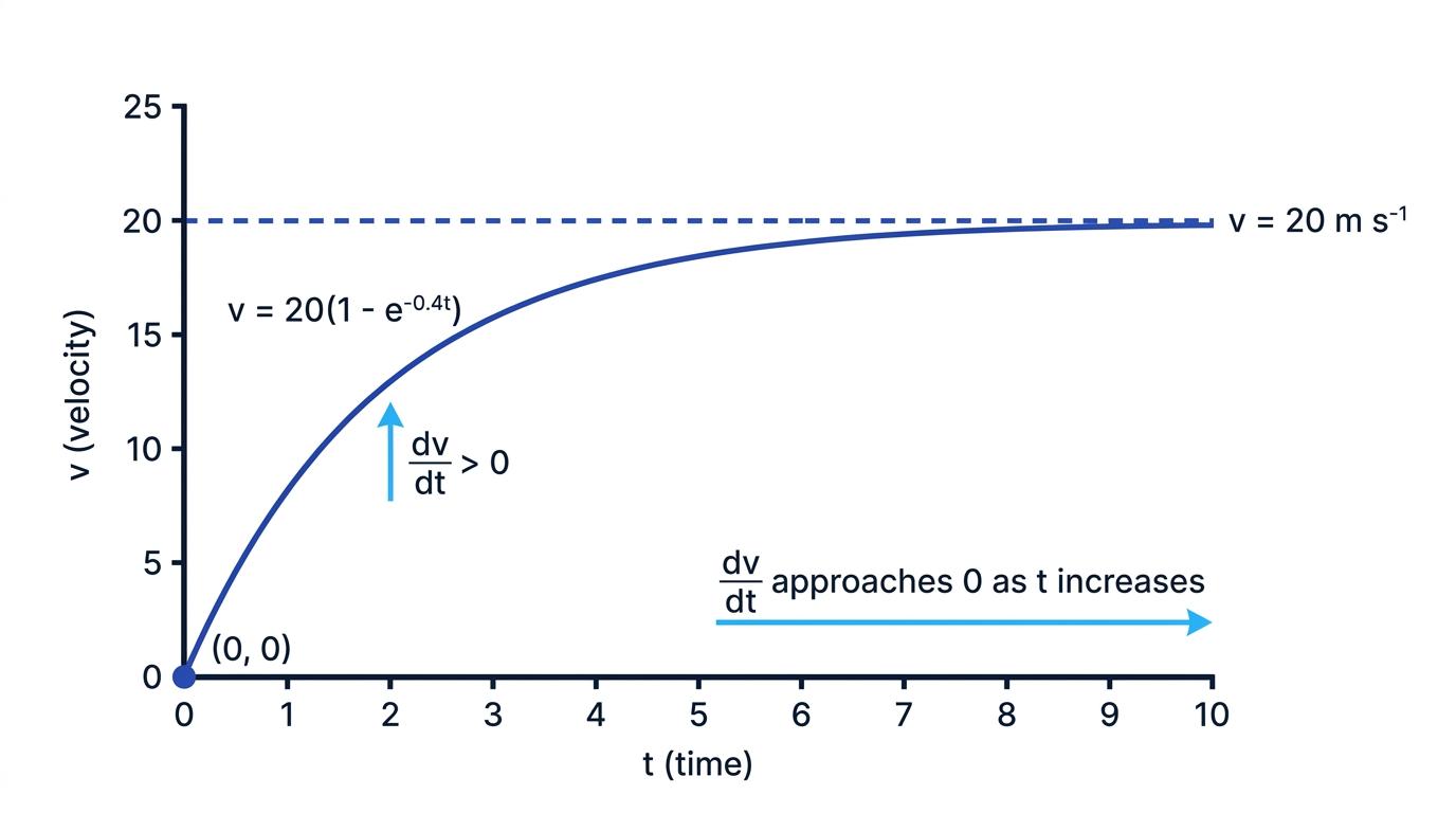 Velocity increasing towards a limiting value of 20 metres per second