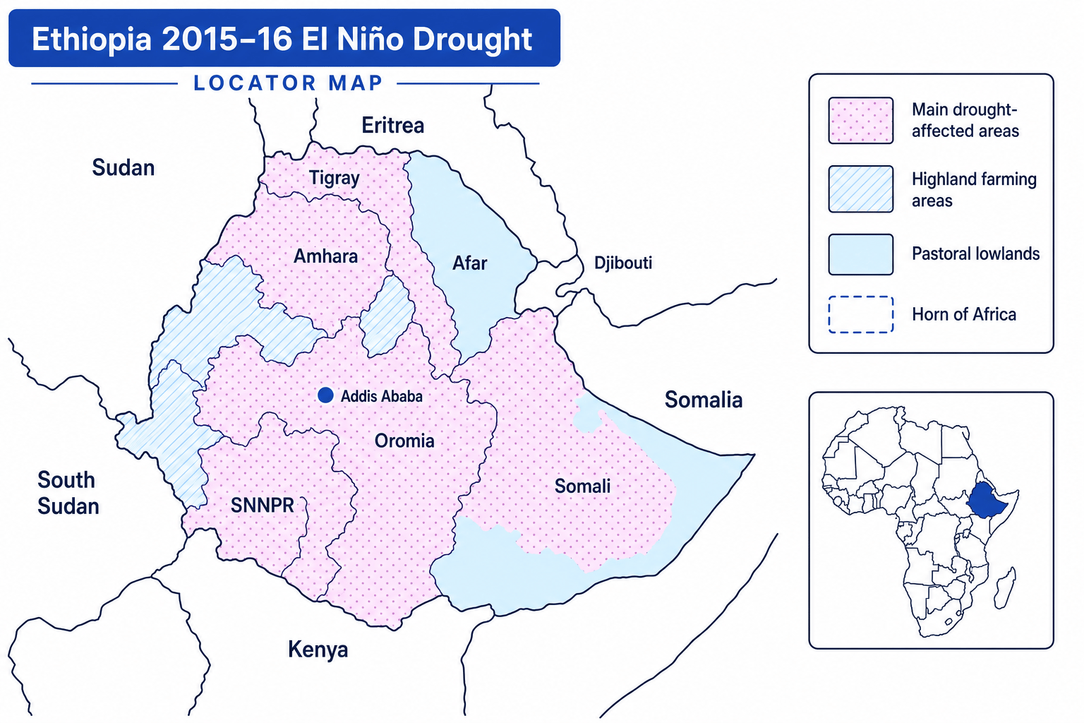 Locator map of Ethiopia and major areas affected by the 2015–16 El Niño drought