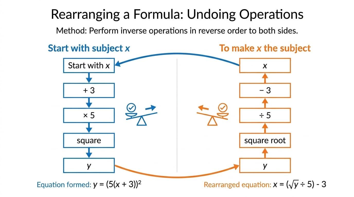 Flow diagram showing forward operations and reverse inverse operations for rearranging a formula