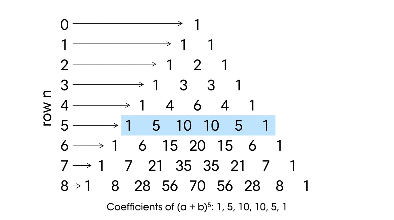 Pascal's triangle showing binomial coefficients up to row 8