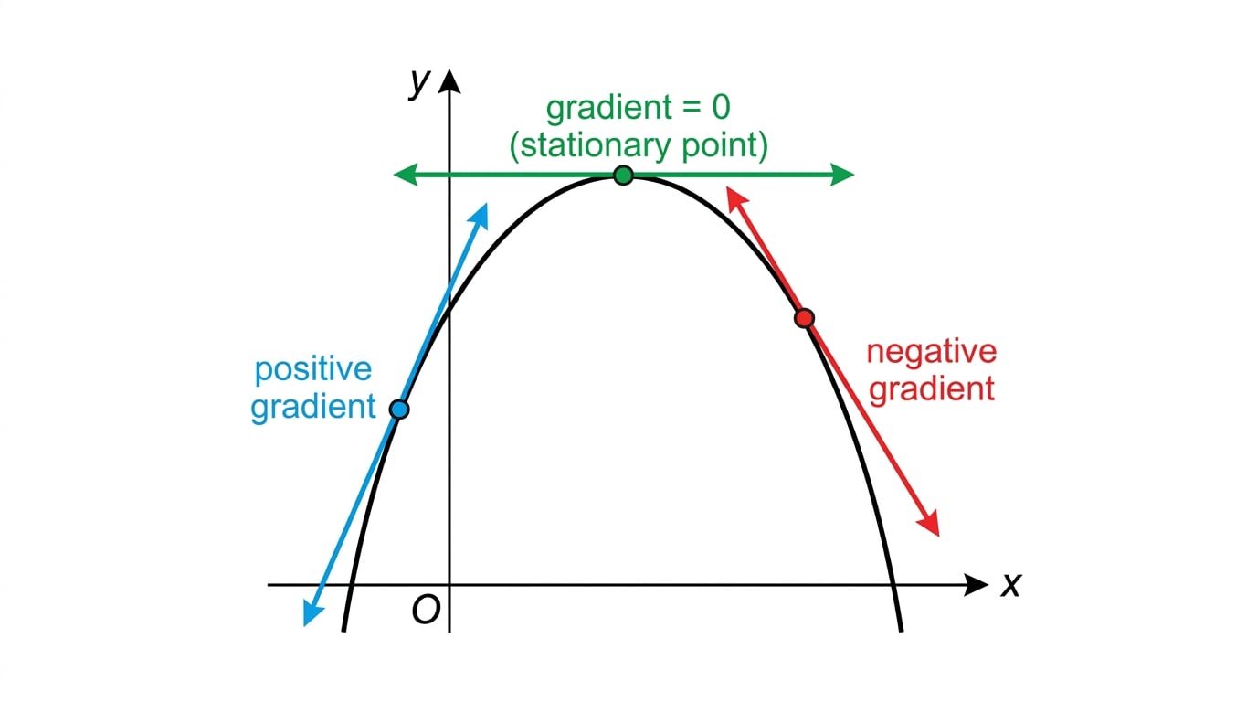 Diagram showing positive gradient, zero gradient at a stationary point, and negative gradient on a curve