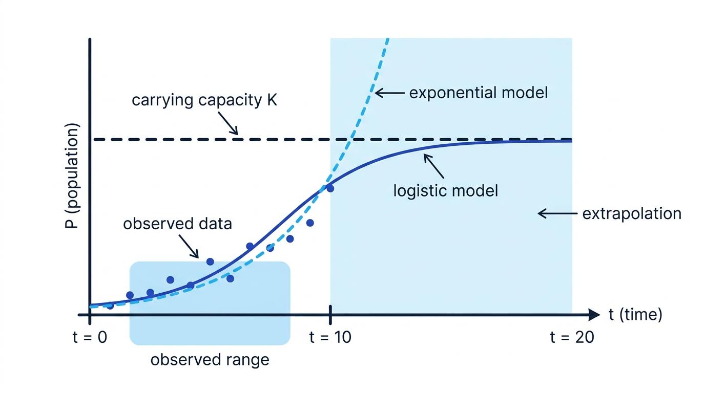 Graph comparing logistic and exponential population models, with observed data and an extrapolation region