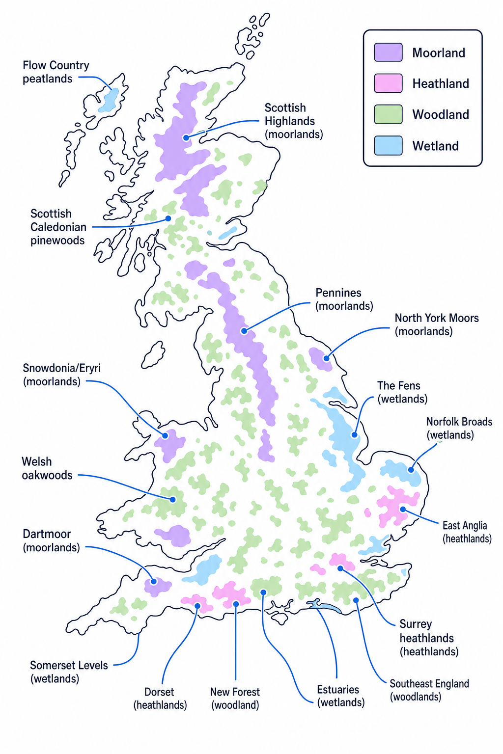 UK map showing moorland, heathland, woodland and wetland distributions with named examples