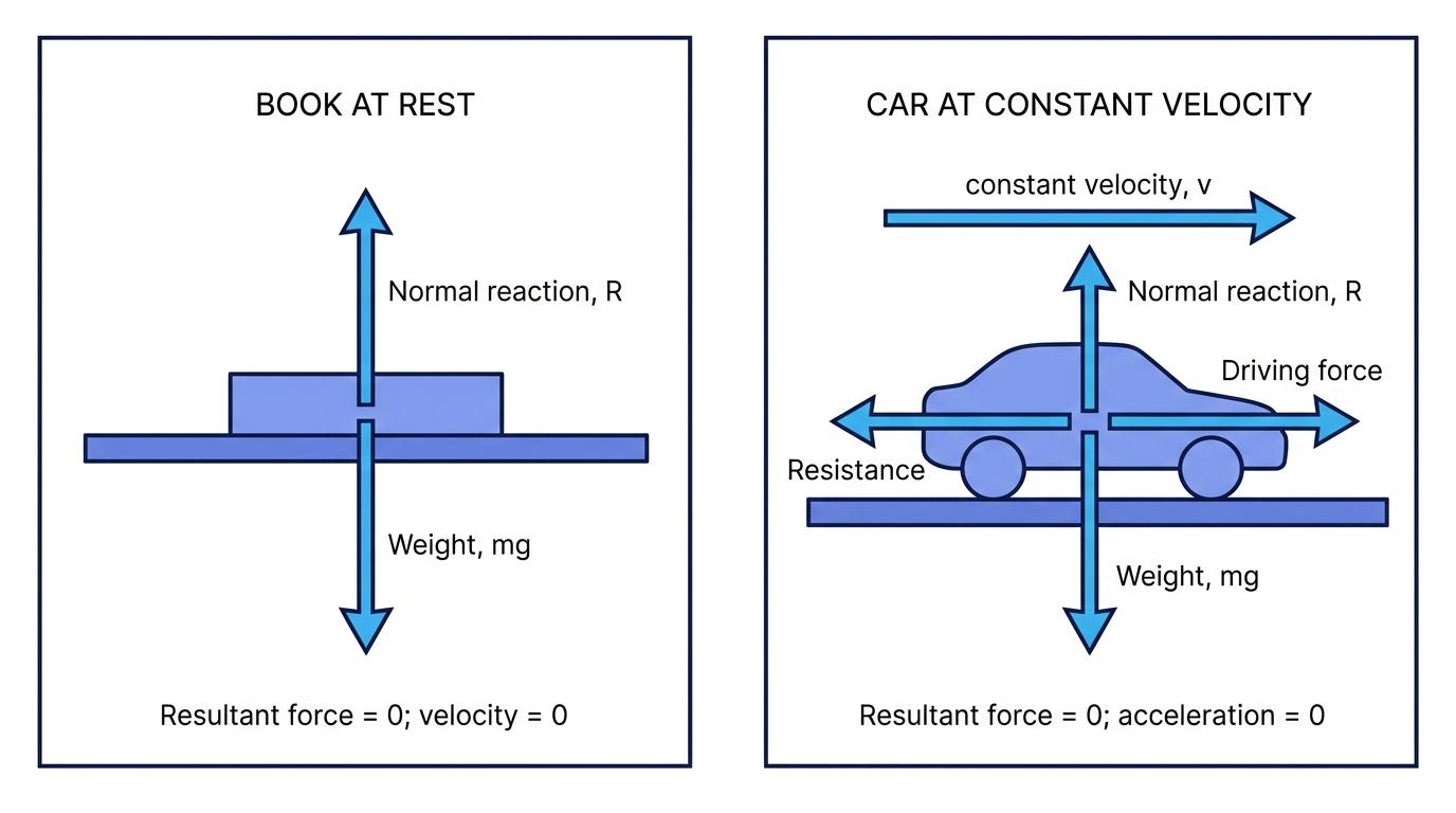 Force diagrams showing a book at rest with balanced vertical forces and a car moving at constant velocity with balanced horizontal and vertical forces