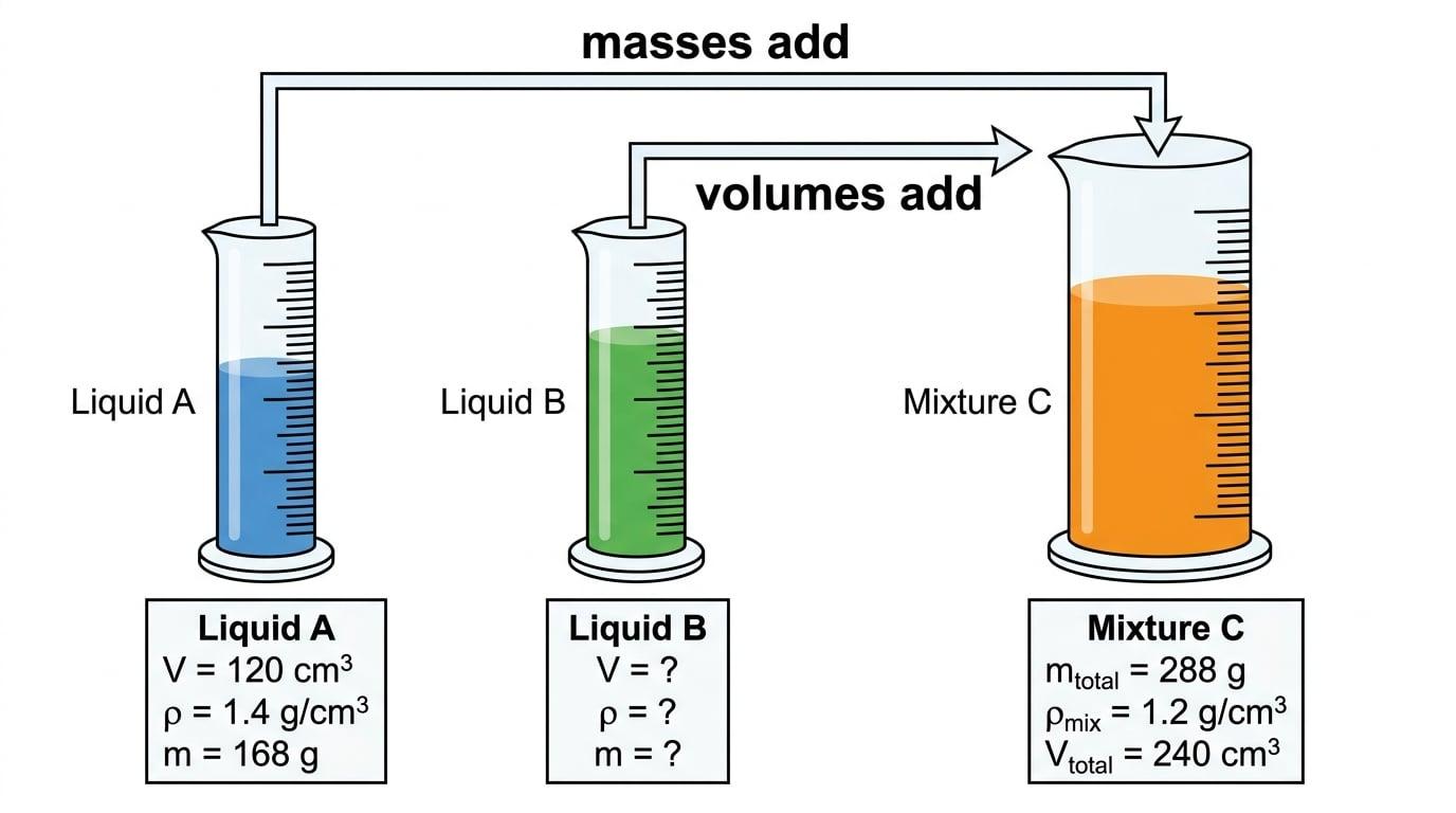 Diagram showing two liquids being mixed, with masses and volumes adding to form a final mixture