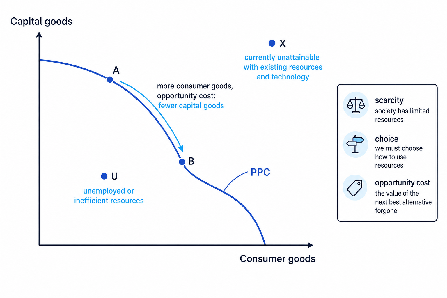 Production possibility curve showing scarcity, choice, opportunity cost, unemployment and unattainable output