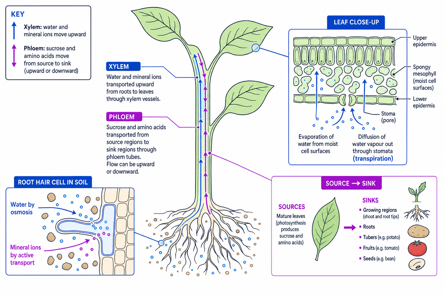 Flowering plant transport showing xylem, phloem, root hair absorption and transpiration