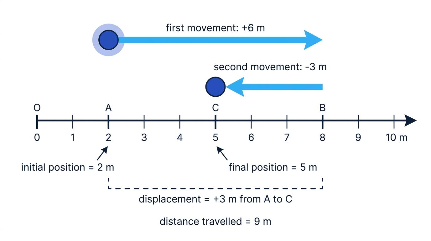 Motion from 2 m to 8 m and back to 5 m, showing a displacement of positive 3 m and a distance travelled of 9 m