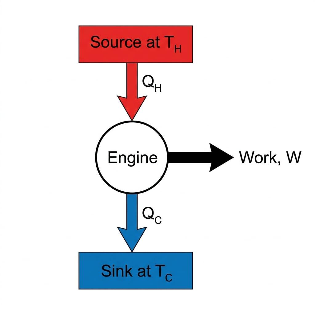 Schematic diagram of a heat engine operating between a hot source and a cold sink