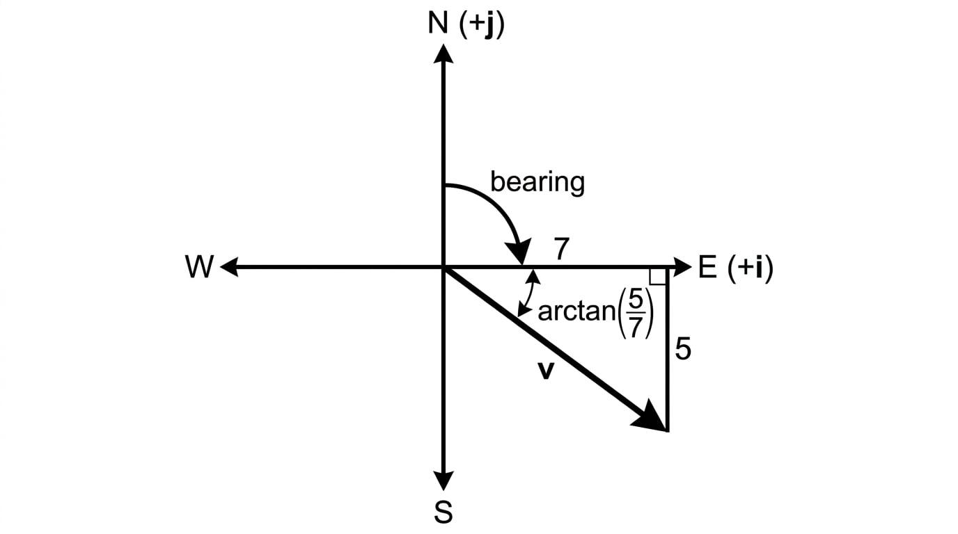 Bearing diagram for a velocity vector with east and south components