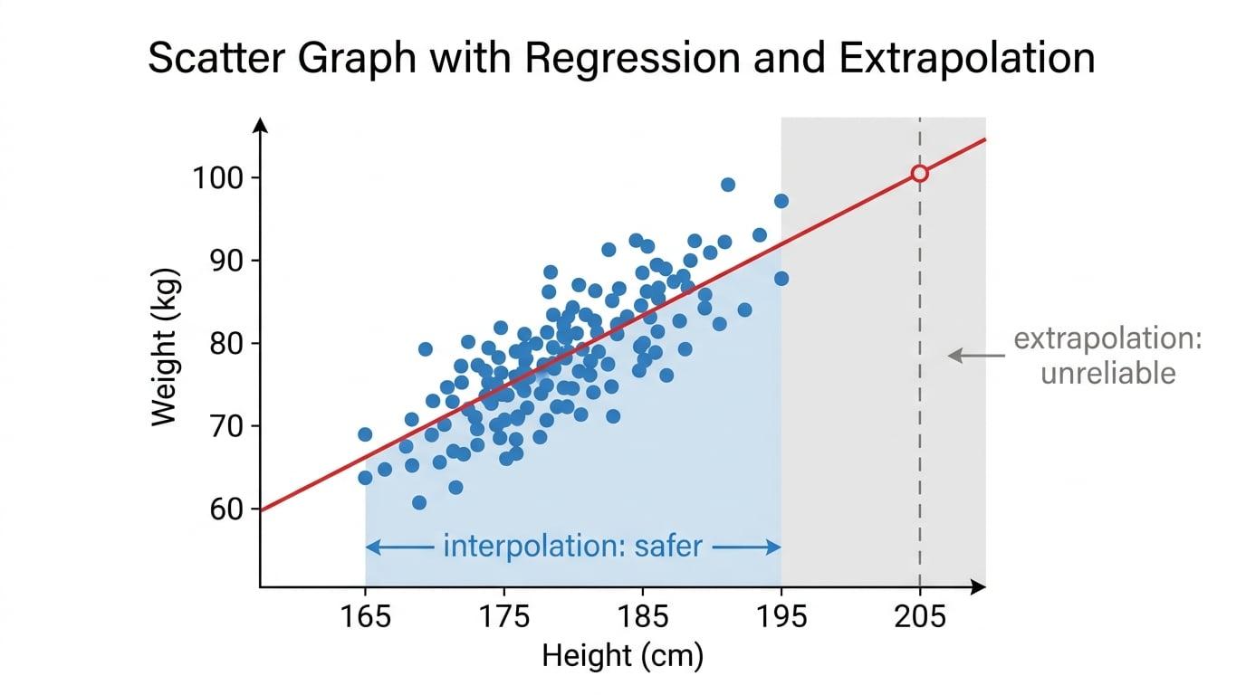 Scatter graph with a regression line showing safer interpolation inside the observed range and unreliable extrapolation outside it