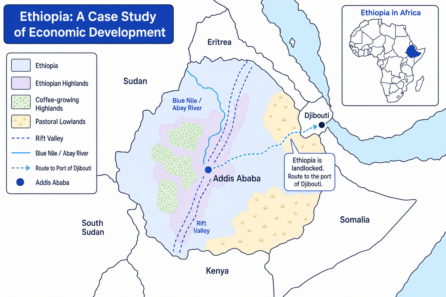 Labelled map of Ethiopia showing its location, neighbours, highlands, Rift Valley, Blue Nile, Addis Ababa and route to the port of Djibouti