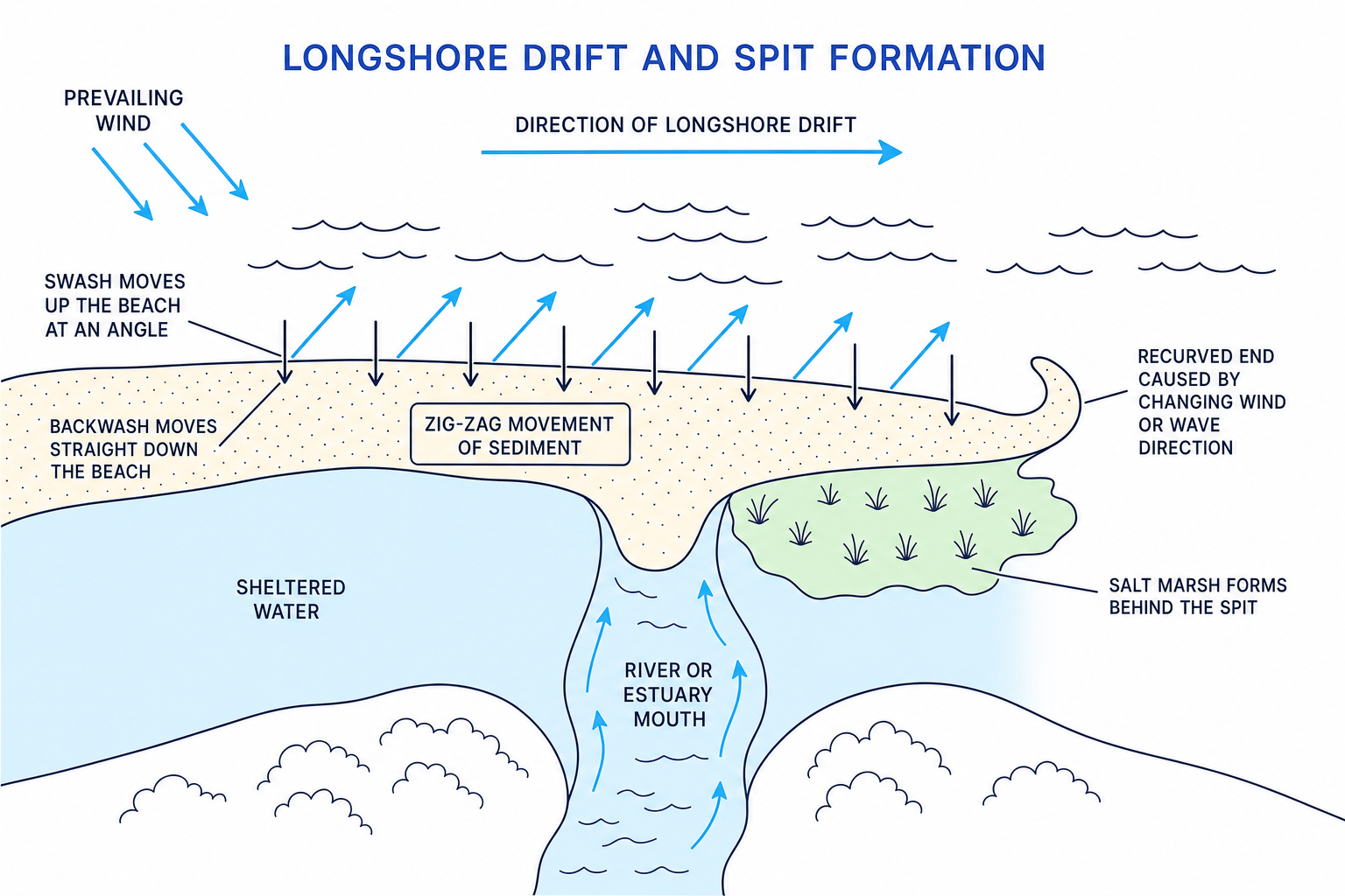 Diagram showing longshore drift and spit formation with a recurved end and salt marsh