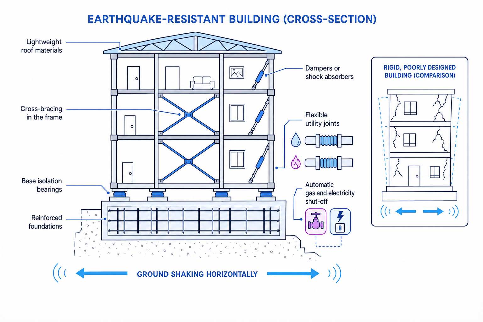 Cross-section of an earthquake-resistant building with base isolation, cross-bracing and dampers