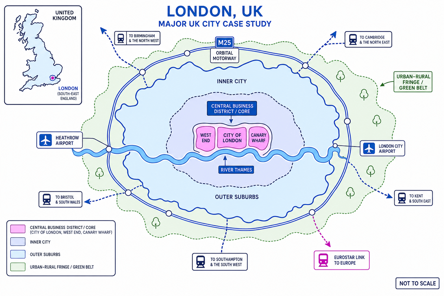 Schematic locator map of London showing the CBD, inner city, suburbs, urban-rural fringe, Thames, airports and transport links