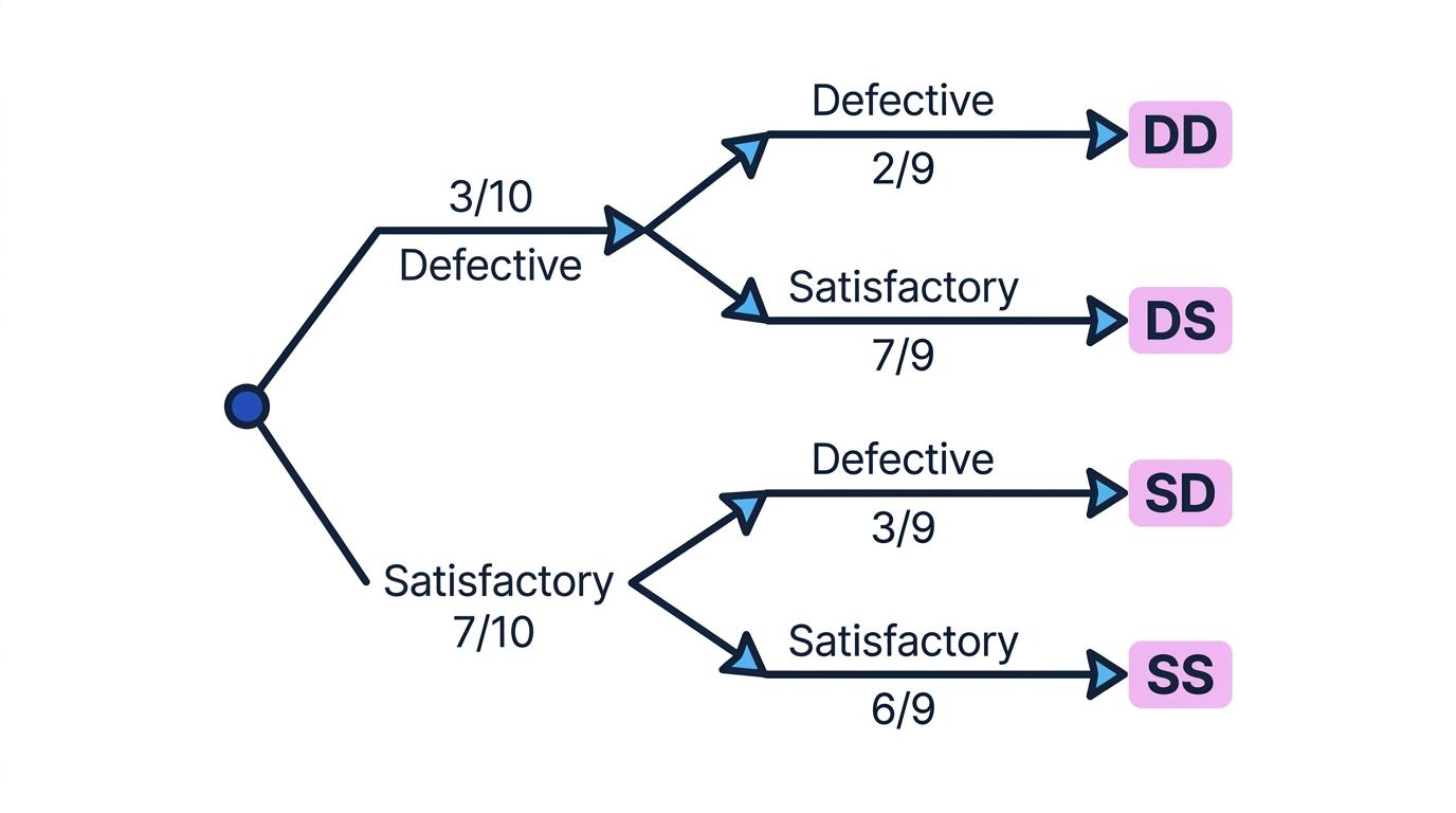 Probability tree for selecting two components without replacement from a batch containing three defective and seven satisfactory components