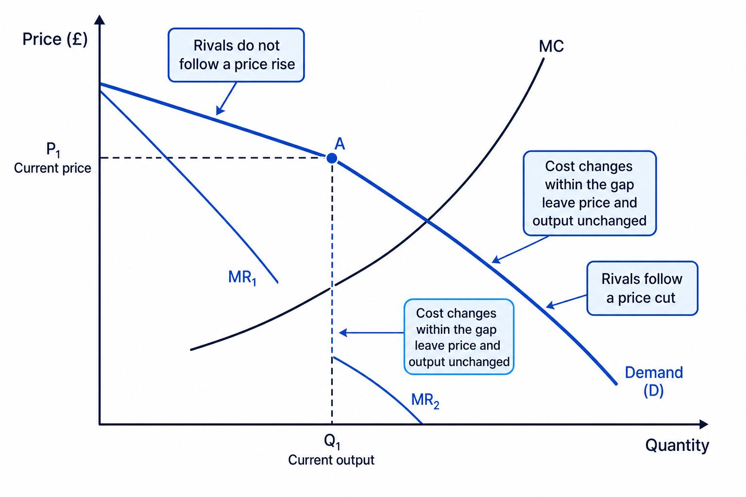 Kinked demand curve for an oligopolist showing elastic demand above the current price, inelastic demand below it, and a marginal revenue gap