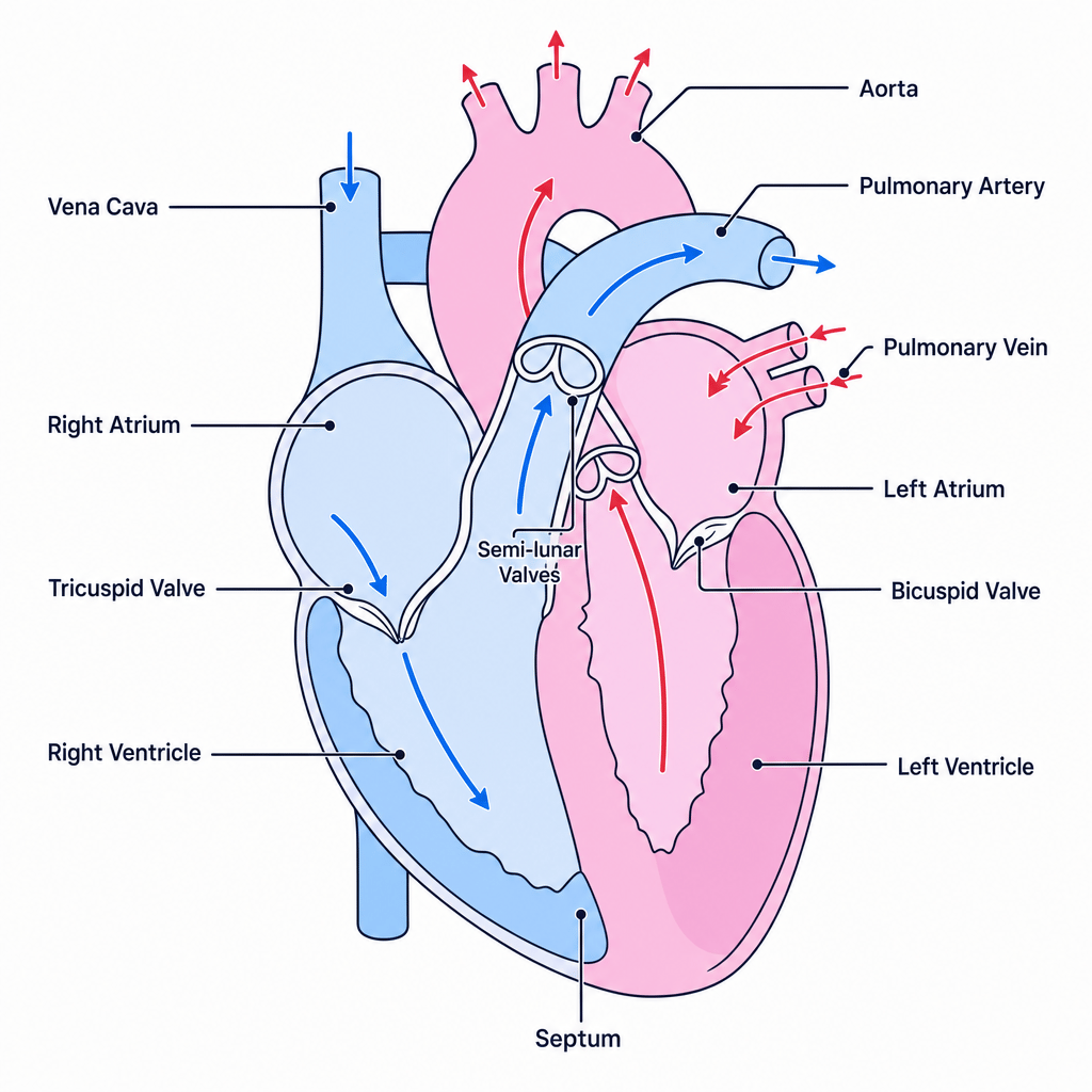 Cross-section of the human heart showing chambers, valves, blood vessels, and wall thickness