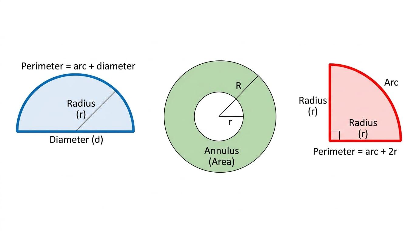 Diagrams of a semicircle, an annulus ring and a three-quarter circle sector