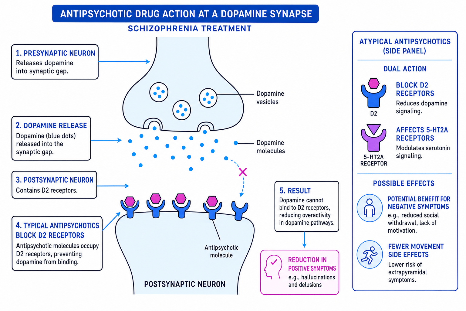Schematic of antipsychotic drug action at a dopamine synapse, showing D2 receptor blockade and atypical antipsychotic effects on serotonin receptors
