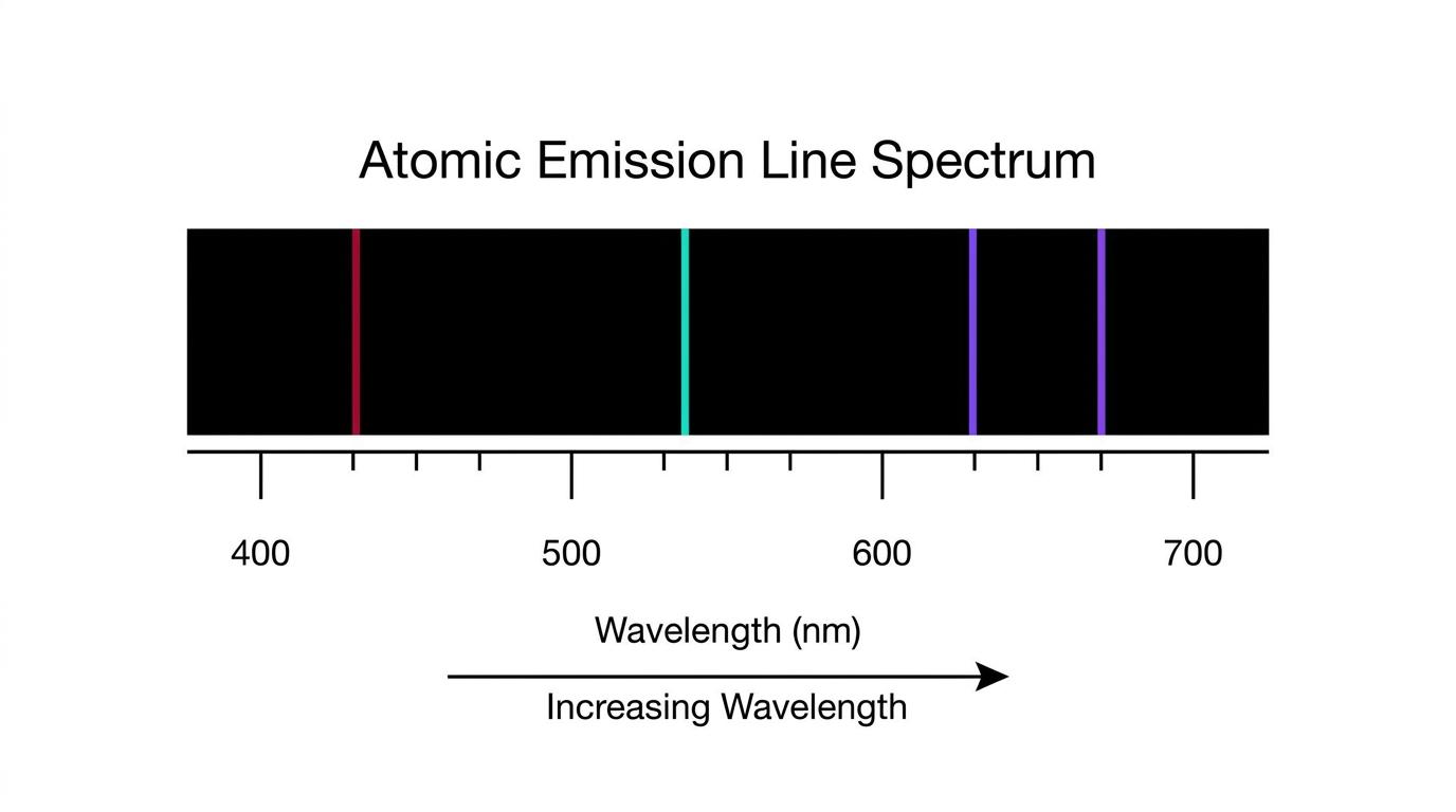 Atomic emission line spectrum showing distinct colored lines on a dark background