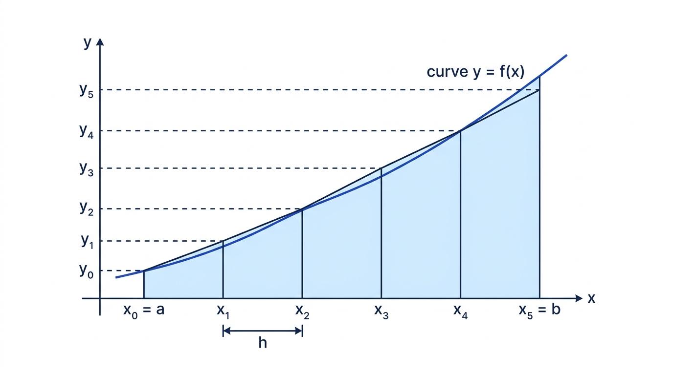 A curve divided into five equal strips and approximated by trapezia