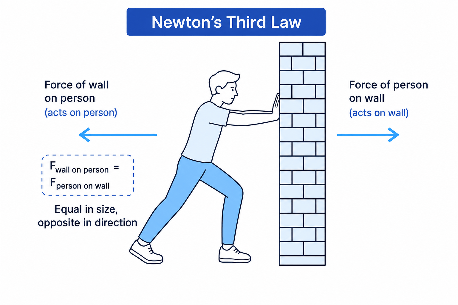 Newton’s Third Law diagram showing a person pushing a wall with equal and opposite forces acting on different objects
