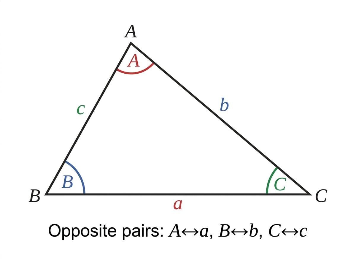 A labelled triangle showing angles A, B, C and opposite sides a, b, c