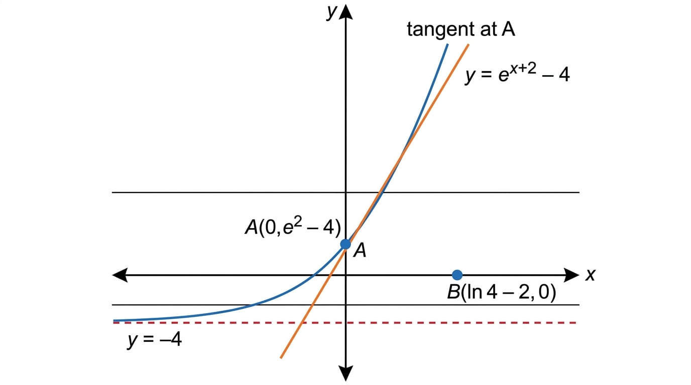 Graph of y equals e to the x plus 2 minus 4 showing asymptote, intercepts and tangent