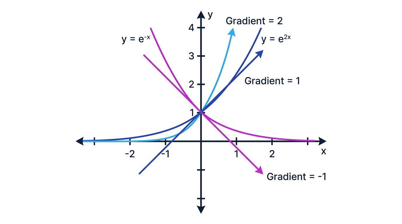 Graphs of y = e^x, y = e^{2x} and y = e^{-x}, with their tangents at x = 0