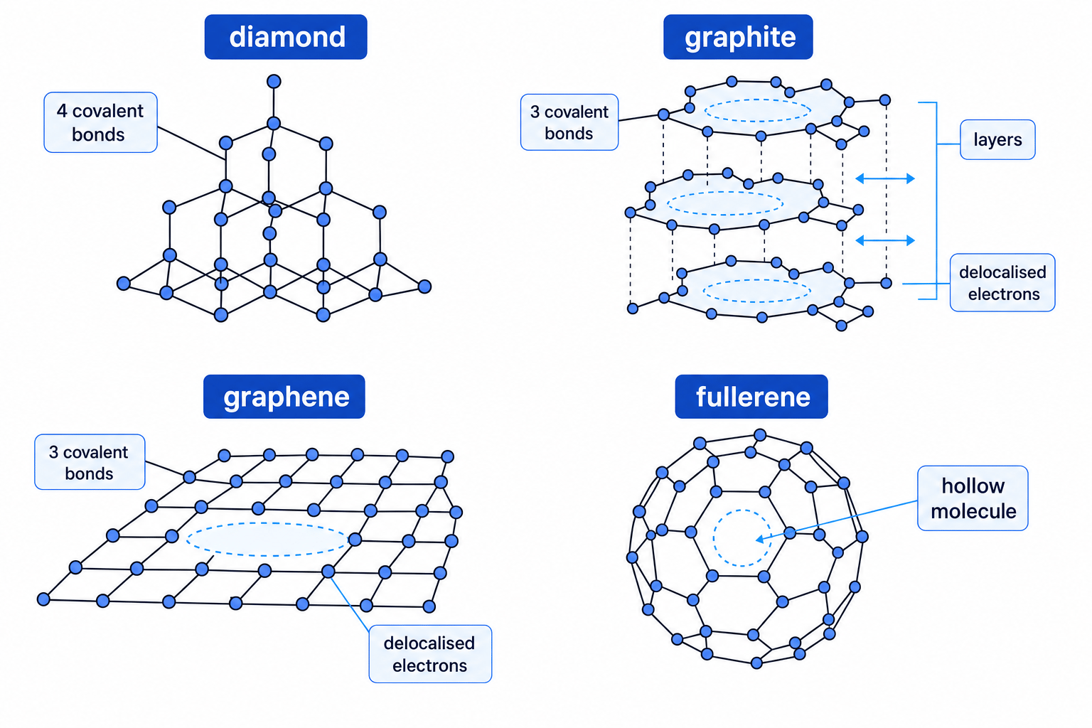 Labelled comparison of diamond, graphite, graphene and fullerene structures