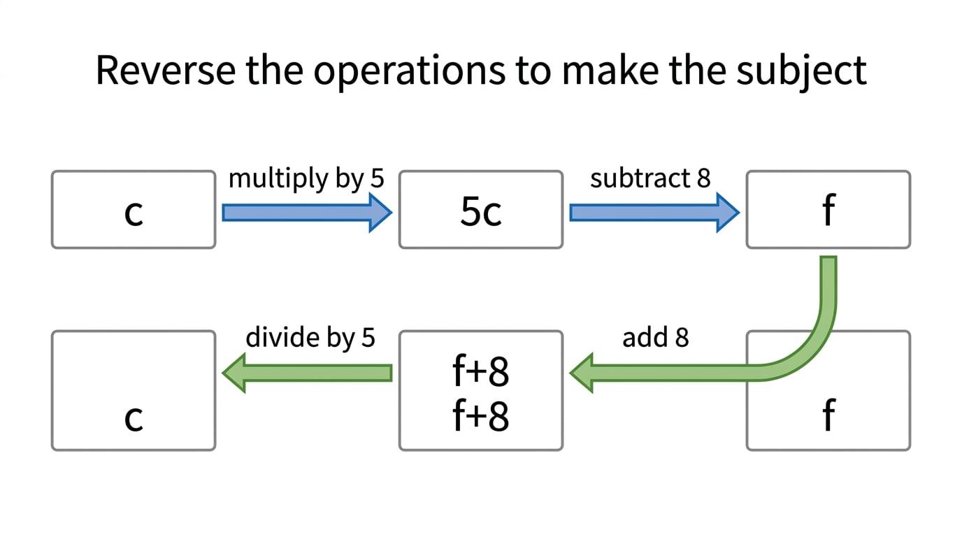Flow diagram showing how to reverse operations when making a variable the subject