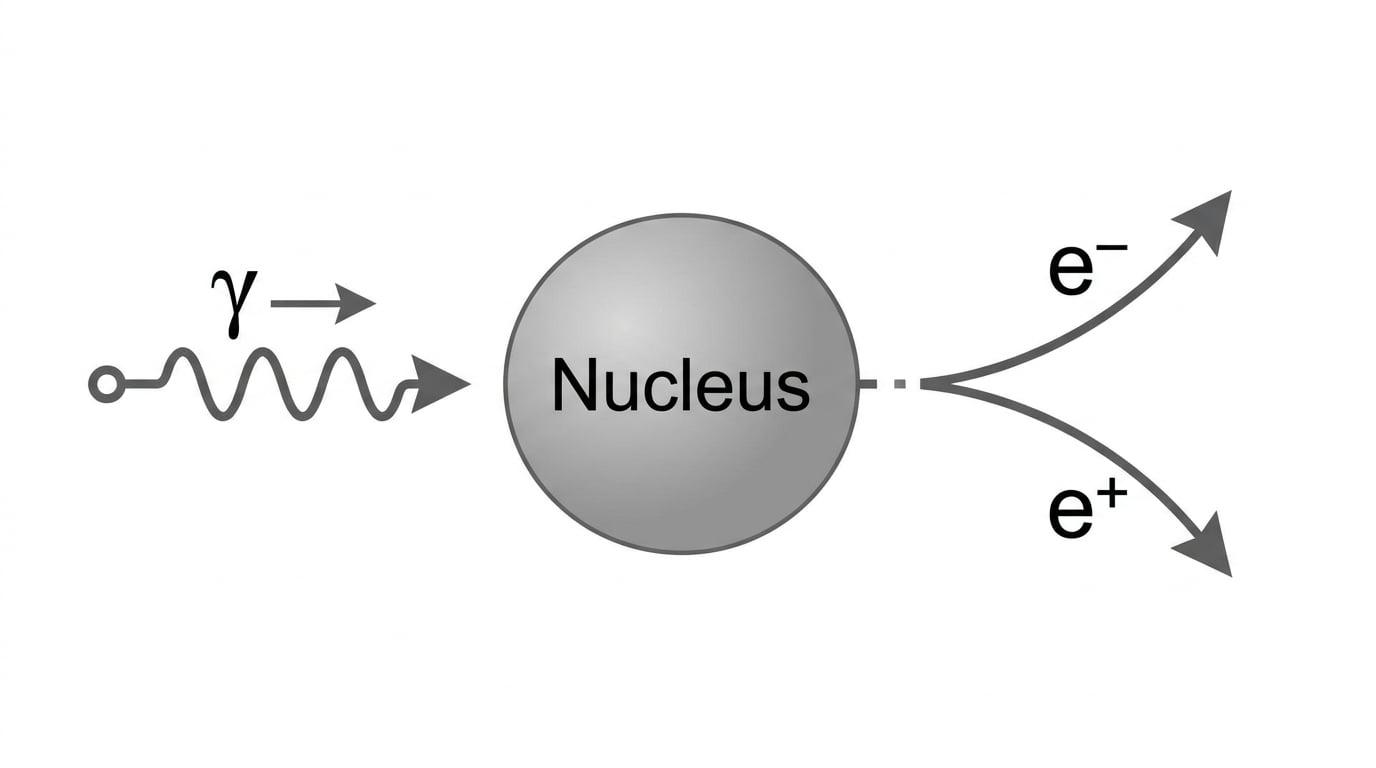 Diagram showing pair production near a nucleus