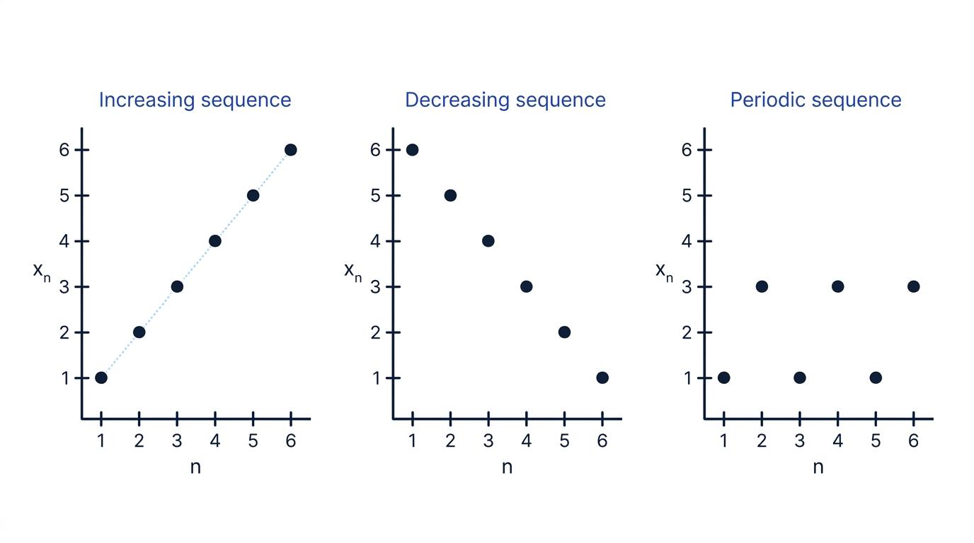 Three term-number plots showing increasing, decreasing and periodic sequences