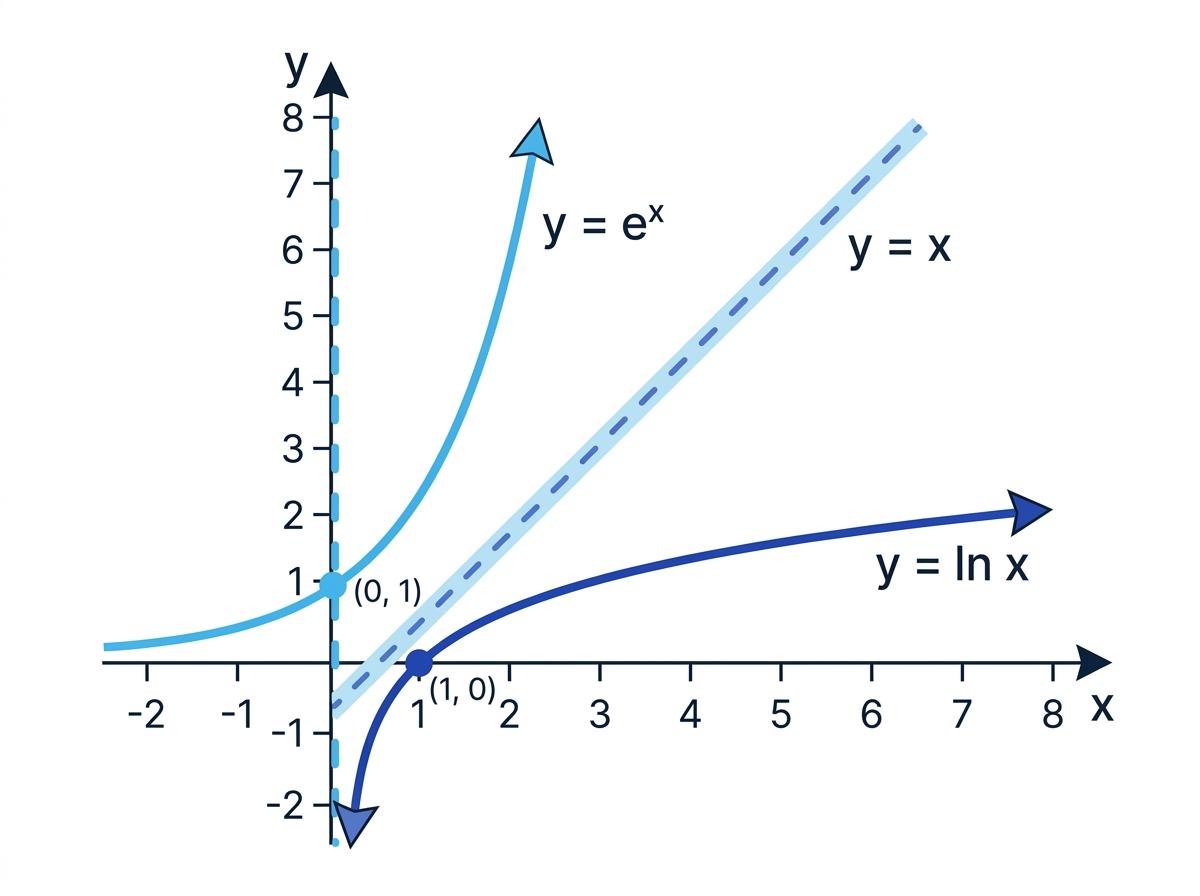Graph of y = ln x and y = e^x reflected in y = x, with their key points and the asymptote x = 0 labelled