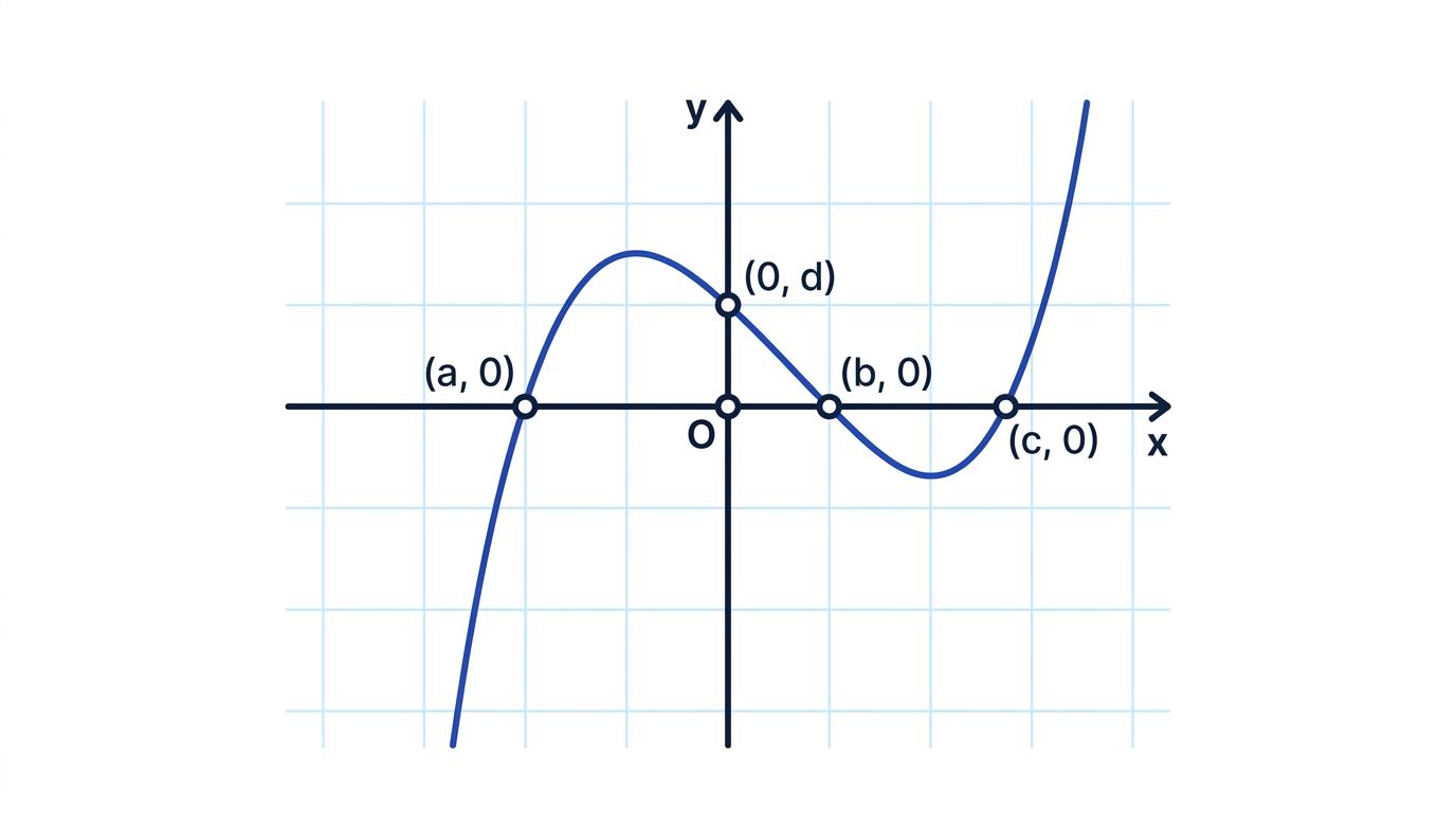 A curve crossing the x-axis at three marked points and the y-axis at one marked point