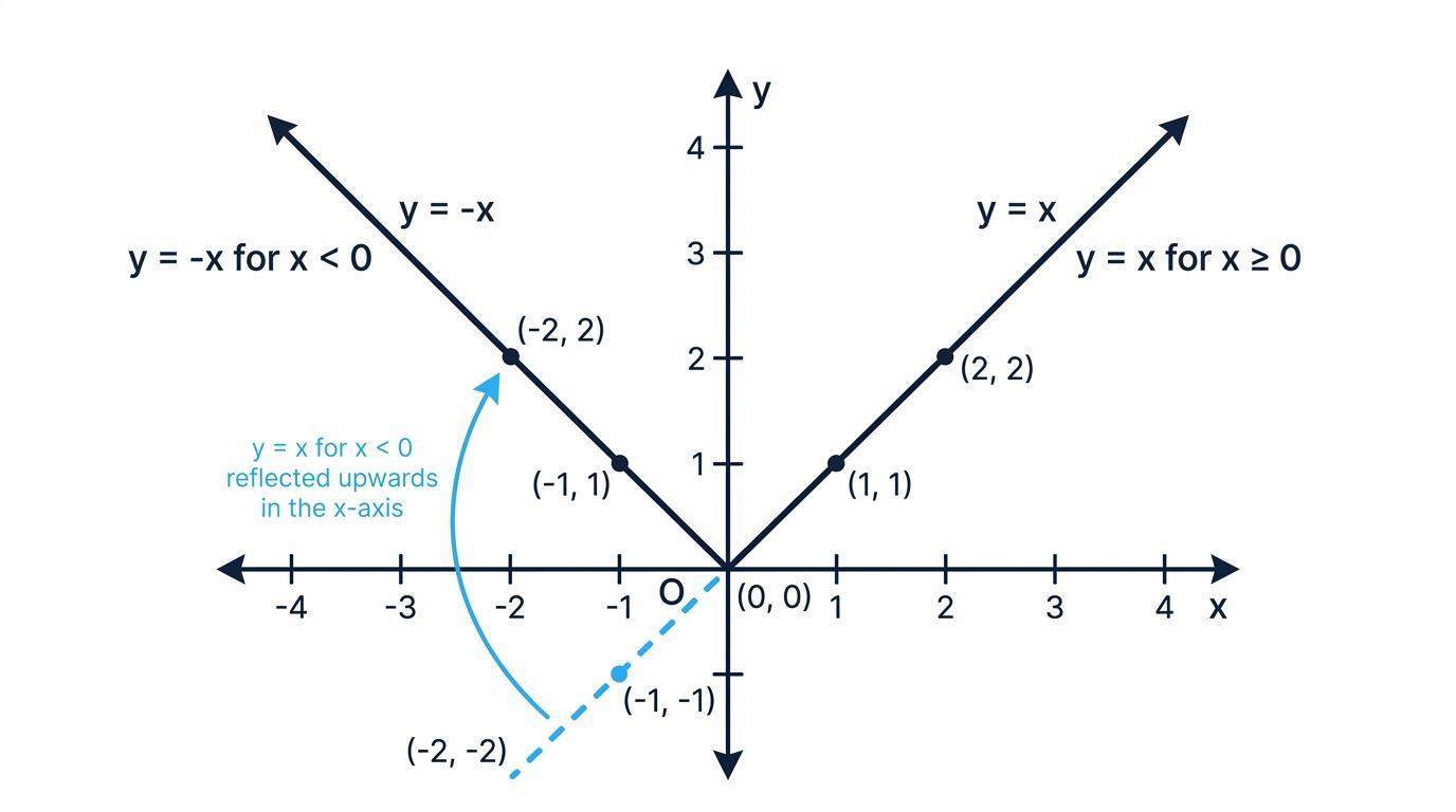 Graph of y equals modulus x, showing its two linear branches and reflection in the x-axis